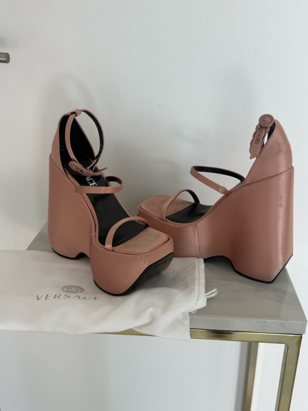 Versace Rose-Tone Platform Wedge Sandals with Ankle Strap - Picture 3 of 5